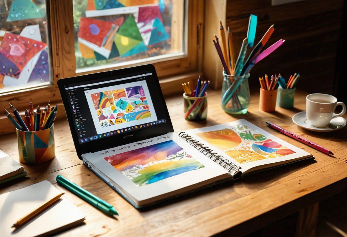 A digital notebook spread open on a wooden desk, featuring vibrant PNG graphics of colorful abstract shapes and whimsical illustrations. Surrounding the notebook are art supplies like colored pencils and brushes, alongside a glowing laptop displaying a design software interface. The scene is illuminated by soft, warm sunlight streaming through a window, casting playful shadows. super-realistic. vibrant colors. cozy atmosphere.