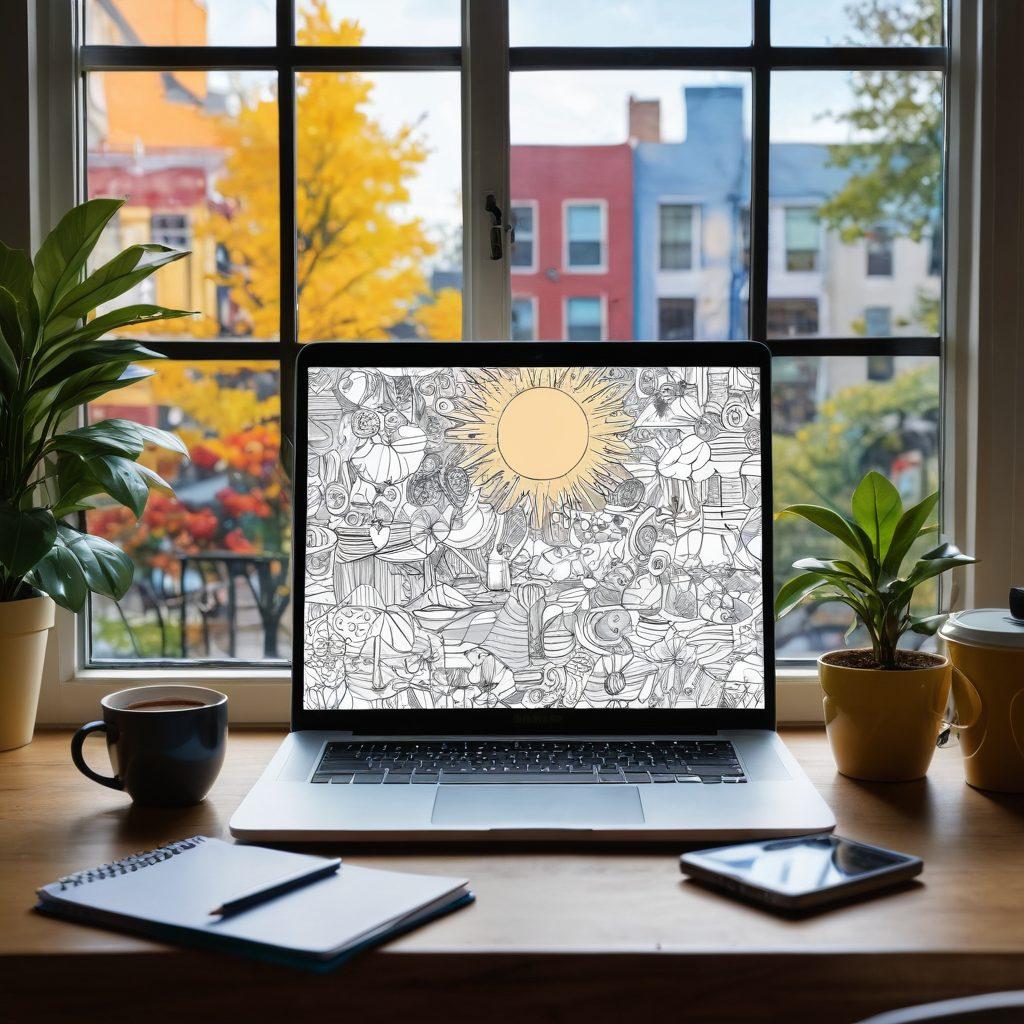 A creative workspace featuring a laptop displaying vibrant, dynamic PNG graphics, colorful design elements floating around, and a notepad with hand-drawn illustrations. A cup of coffee is beside the laptop, and a window shows a sunny day outside. The scene conveys inspiration and creativity for writing blog posts. super-realistic. vibrant colors. natural light.